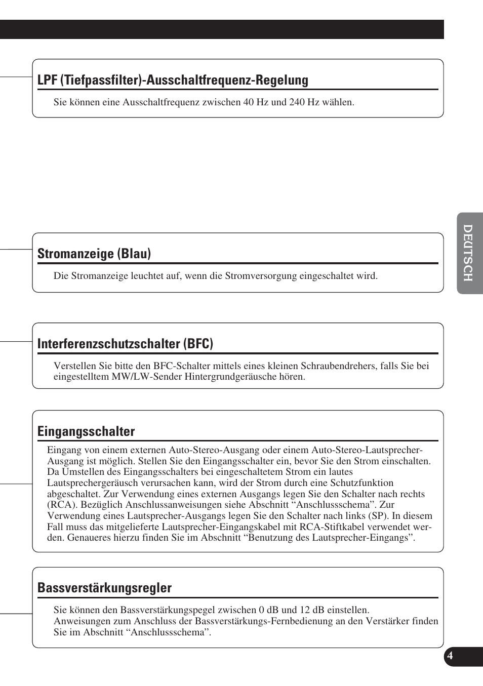 Lpf (tiefpassfilter)-ausschaltfrequenz, Regelung, Interferenzschutzschalter (bfc) | Lpf (tiefpassfilter)-ausschaltfrequenz-regelung, Bassverstärkungsregler, Stromanzeige (blau), Eingangsschalter | Pioneer GM-D8400M User Manual | Page 29 / 86