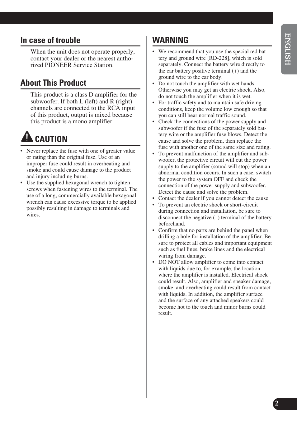 In case of trouble, About this product, Caution | Warning, Lpf (low- pass- filter) cut off frequency, Example of installation on the floor mat | Pioneer GM-D8400M User Manual | Page 3 / 86