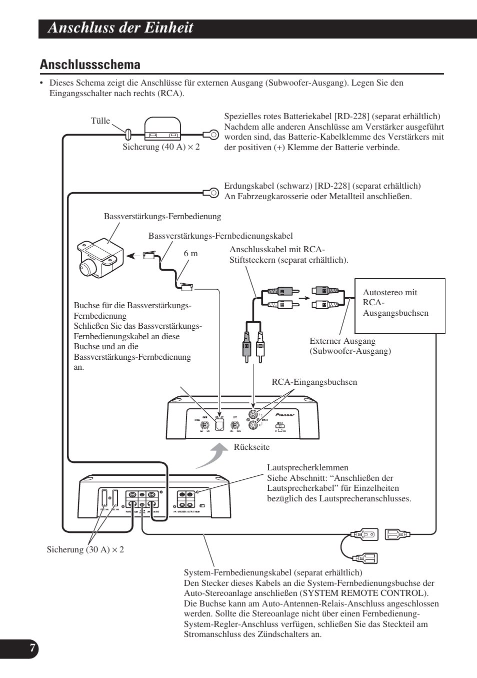 Anschlussschema, Anschluss der einheit | Pioneer GM-D8400M User Manual | Page 32 / 86