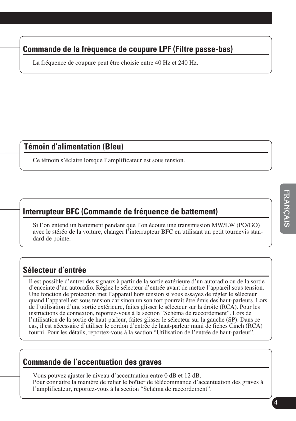 Commande de la fréquence de coupure lpf, Filtre passe-bas), De battement) | Commande de l’accentuation des graves, Témoin d’alimentation (bleu), Sélecteur d’entrée | Pioneer GM-D8400M User Manual | Page 41 / 86
