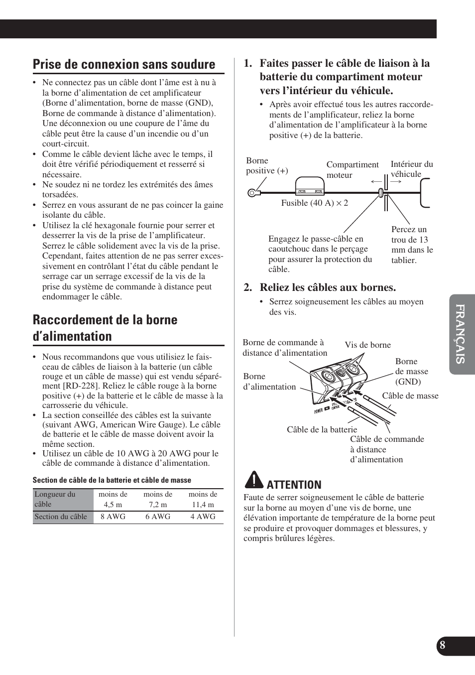 Prise de connexion sans soudure, Raccordement de la borne d’alimentation, Reliez les câbles aux bornes | Attention | Pioneer GM-D8400M User Manual | Page 45 / 86