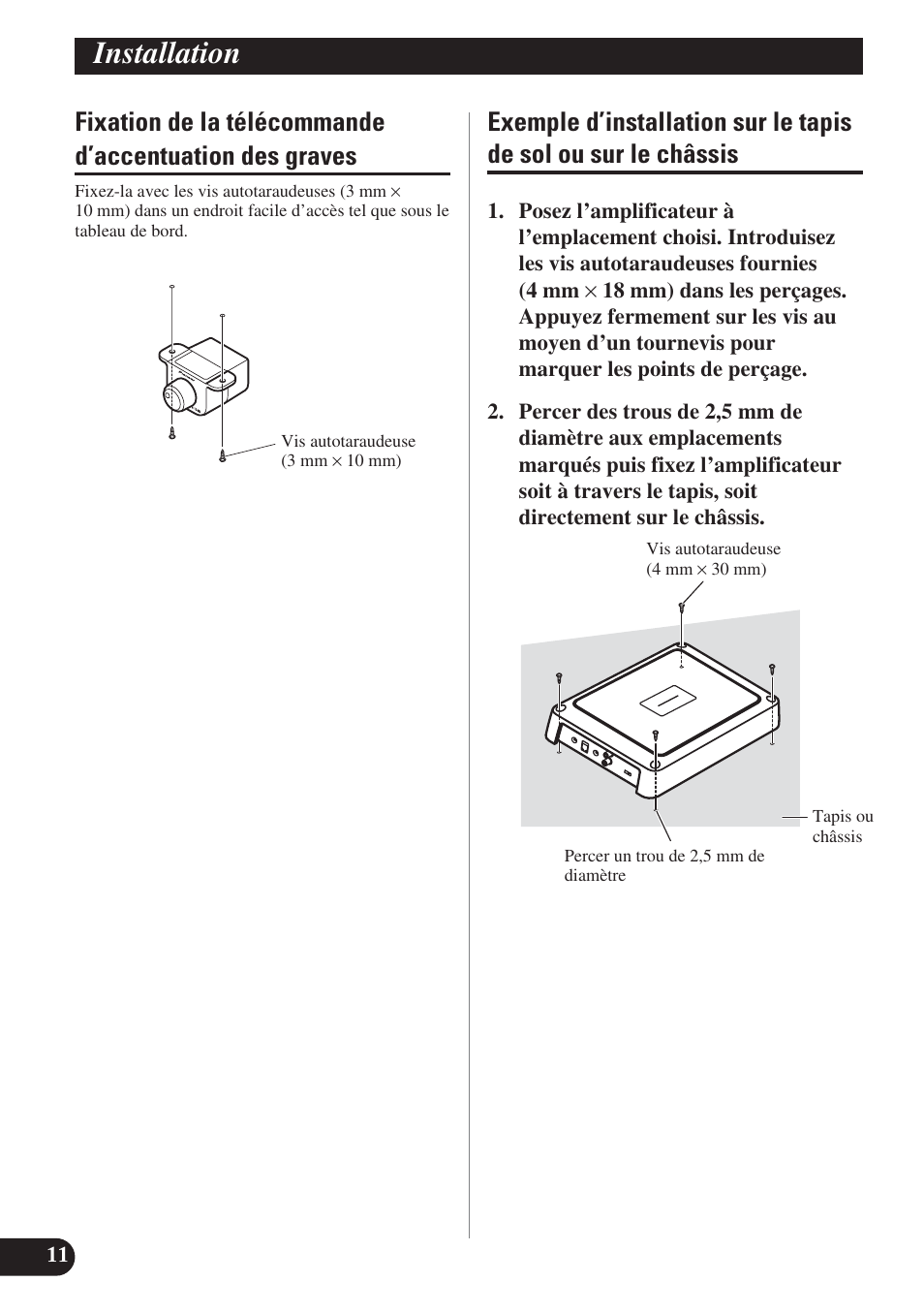 Fixation de la télécommande d’accentuation, Des graves, Exemple d’installation sur le tapis de sol | Ou sur le châssis, Installation | Pioneer GM-D8400M User Manual | Page 48 / 86