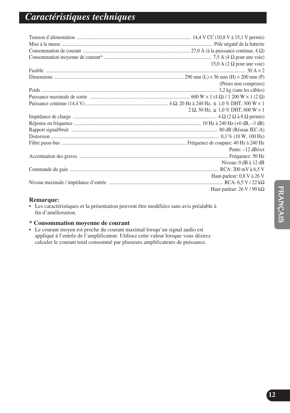 Caractéristiques techniques | Pioneer GM-D8400M User Manual | Page 49 / 86