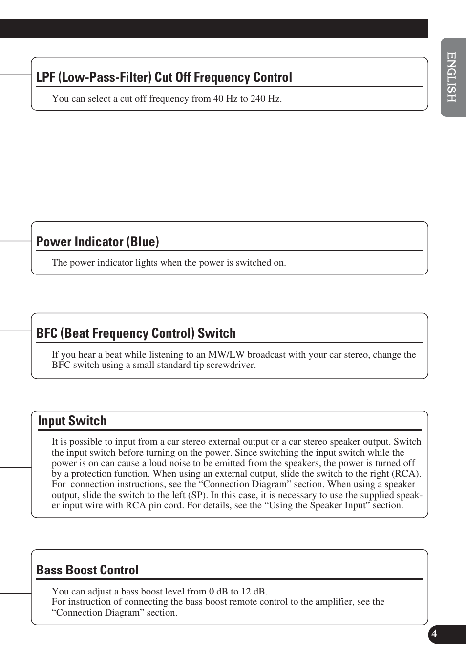 Control, Power indicator (blue), Bfc (beat frequency control) switch | Input switch, Bass boost control, Lpf (low-pass-filter) cut off frequency, Lpf (low-pass-filter) cut off frequency control | Pioneer GM-D8400M User Manual | Page 5 / 86