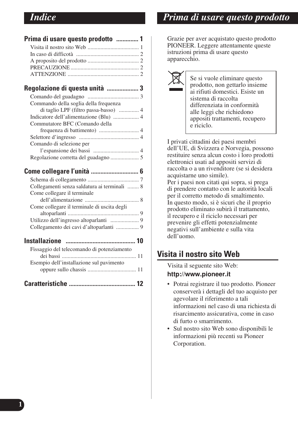 Italiano, Indice prima di usare questo prodotto, Visita il nostro sito web | Pioneer GM-D8400M User Manual | Page 50 / 86