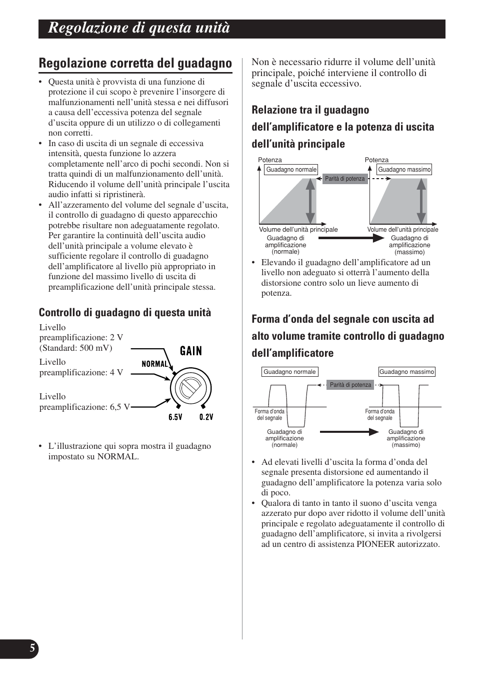 Regolazione corretta del guadagno, Regolazione di questa unità, Controllo di guadagno di questa unità | Pioneer GM-D8400M User Manual | Page 54 / 86