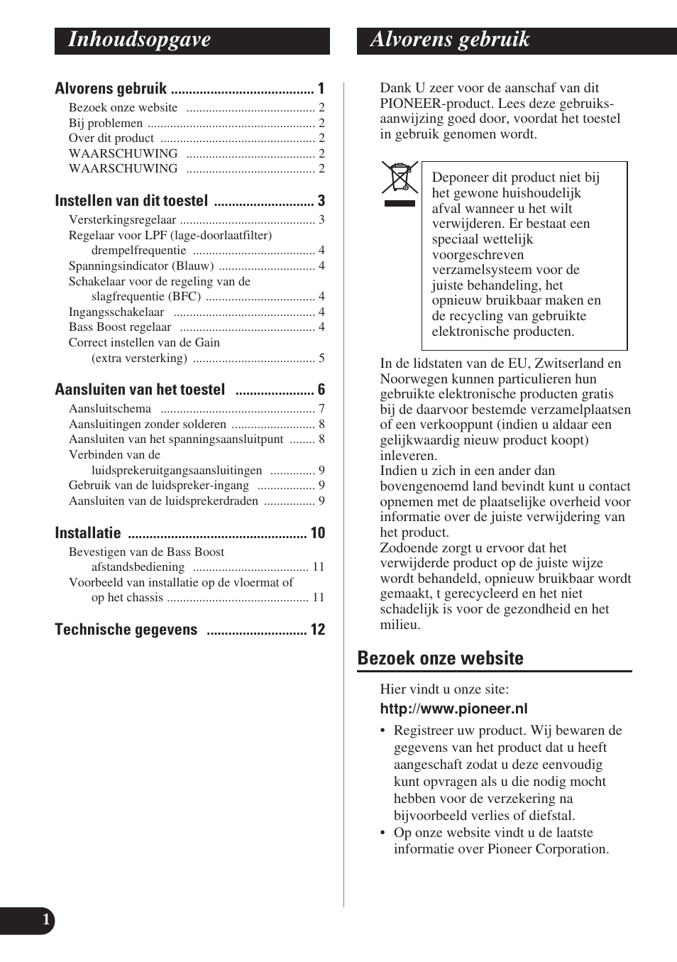 Nederlands, Inhoudsopgave alvorens gebruik, Bezoek onze website | Pioneer GM-D8400M User Manual | Page 62 / 86
