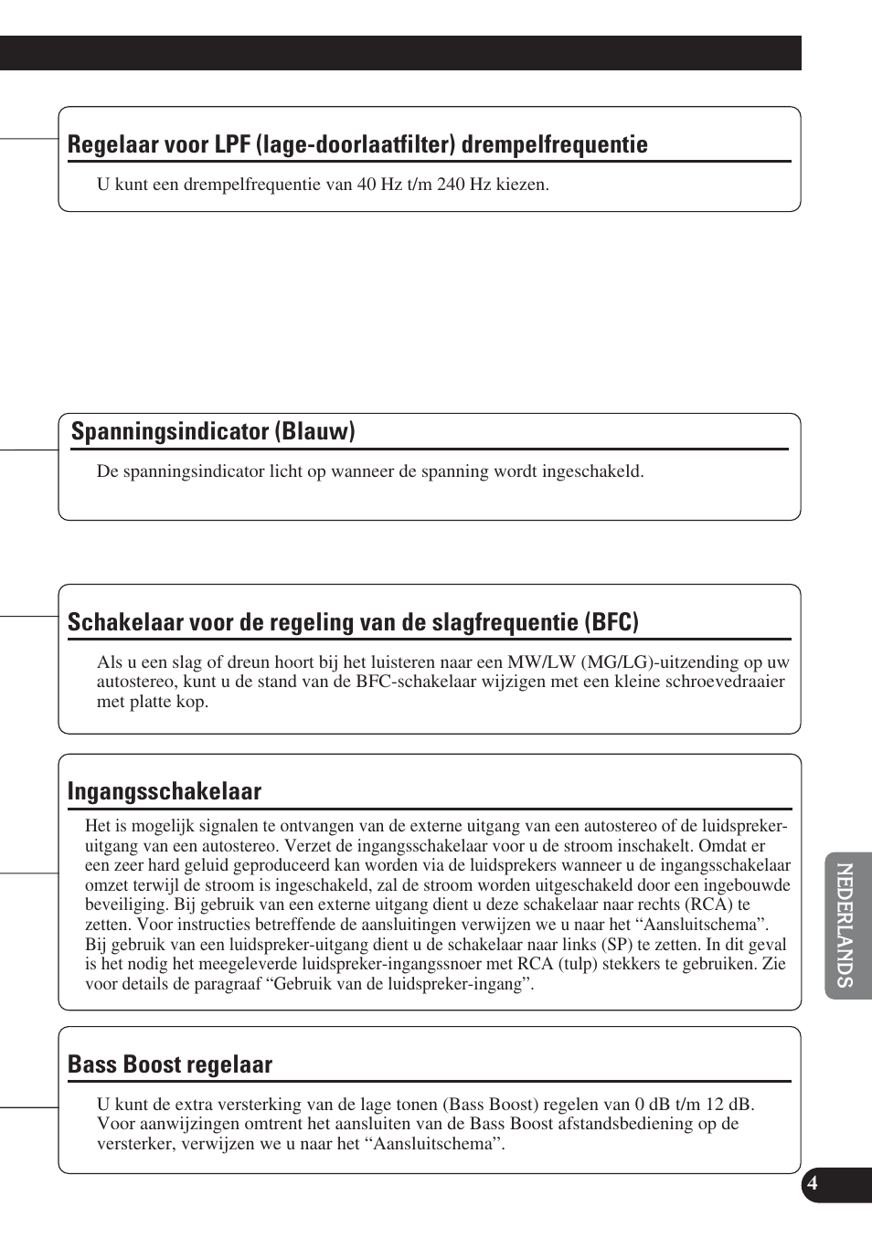 Regelaar voor lpf (lage-doorlaatfilter), Drempelfrequentie, Slagfrequentie (bfc) | Ingangsschakelaar bass boost regelaar, Bass boost regelaar, Spanningsindicator (blauw), Ingangsschakelaar | Pioneer GM-D8400M User Manual | Page 65 / 86