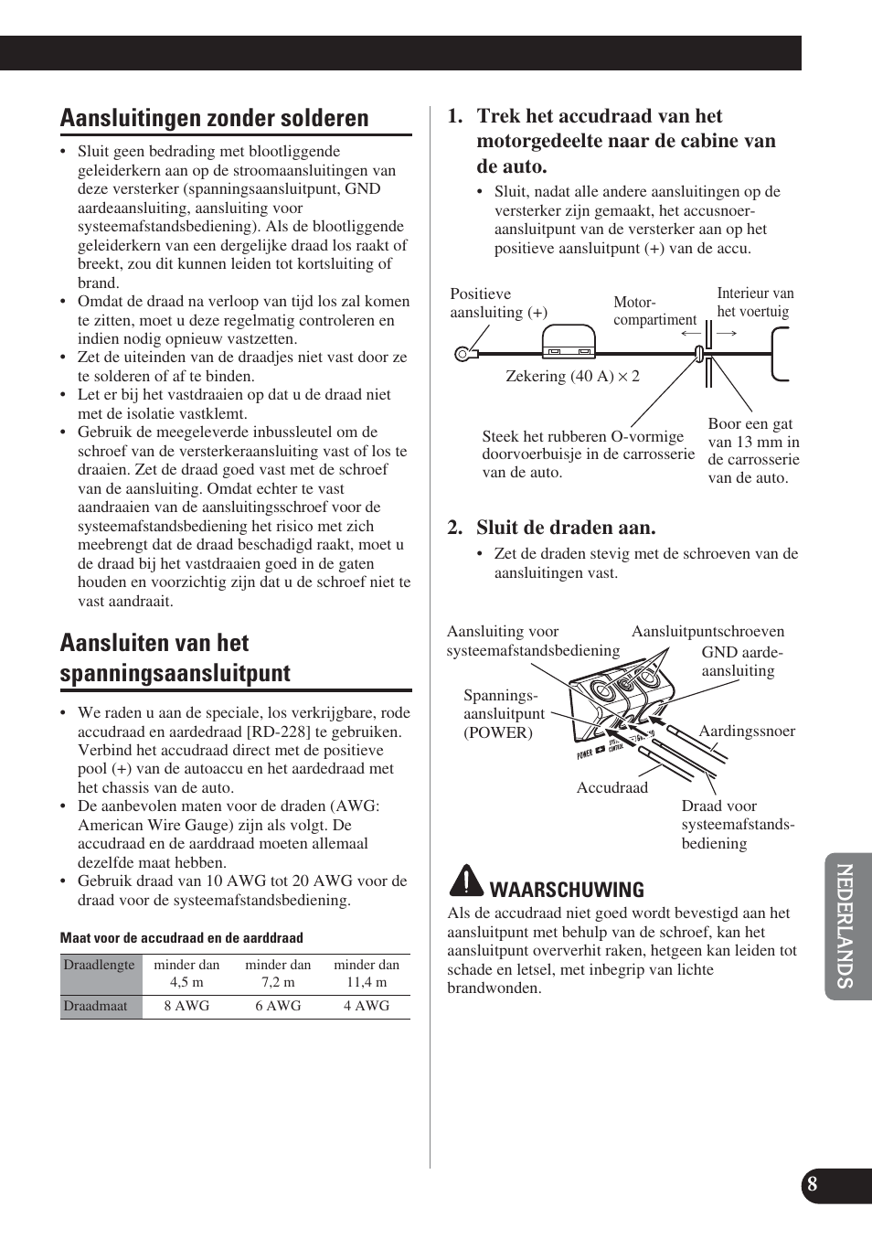 Aansluitingen zonder solderen, Aansluiten van het spanningsaansluitpunt, Sluit de draden aan | Waarschuwing | Pioneer GM-D8400M User Manual | Page 69 / 86