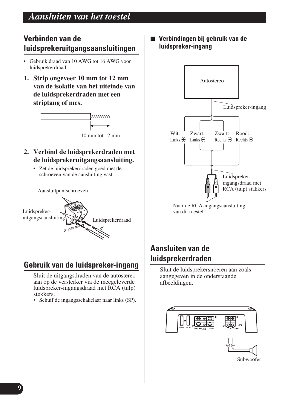 Verbinden van de, Luidsprekeruitgangsaansluitingen, Aansluiten van het toestel | Verbinden van de luidsprekeruitgangsaansluitingen, Gebruik van de luidspreker-ingang, Aansluiten van de luidsprekerdraden | Pioneer GM-D8400M User Manual | Page 70 / 86