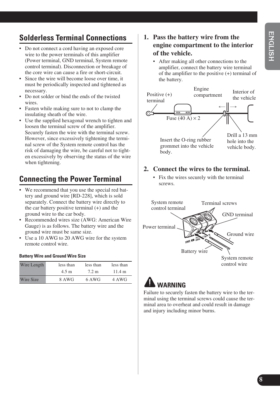 Solderless terminal connections, Connecting the power terminal, Connect the wires to the terminal | Warning | Pioneer GM-D8400M User Manual | Page 9 / 86