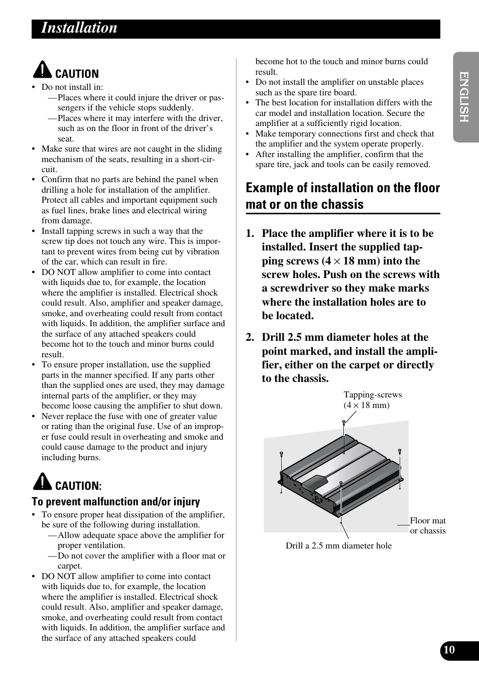 Installation, Example of installation on the floor mat, Or on the chassis | Pioneer GM-5100T User Manual | Page 11 / 73