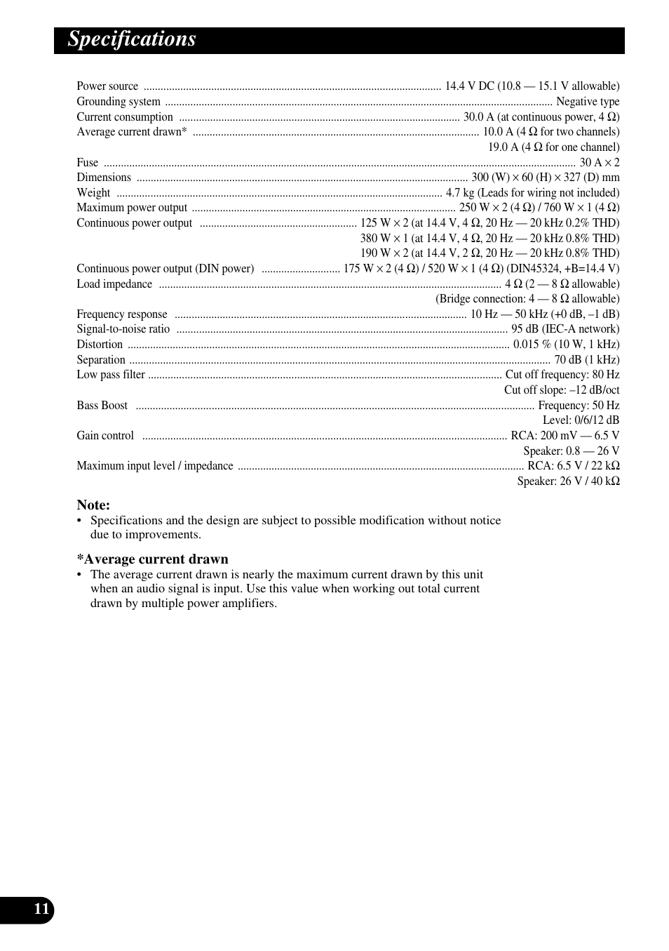 Specifications | Pioneer GM-5100T User Manual | Page 12 / 73