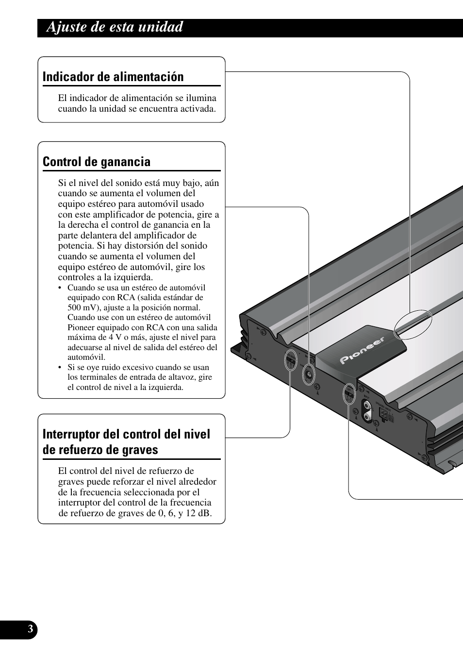 Ajuste de esta unidad, De graves, Control de ganancia | Indicador de alimentación | Pioneer GM-5100T User Manual | Page 16 / 73