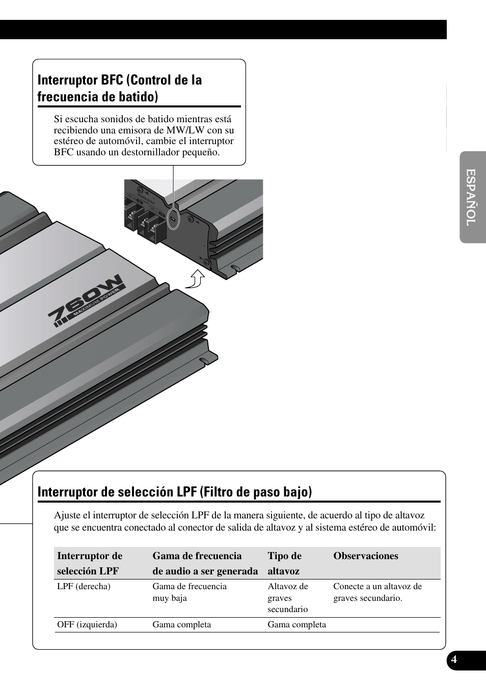 Interruptor bfc, Control de la frecuencia de batido), Interruptor de selección lpf | Filtro de paso bajo), Interruptor de selección lpf (filtro de paso bajo) | Pioneer GM-5100T User Manual | Page 17 / 73