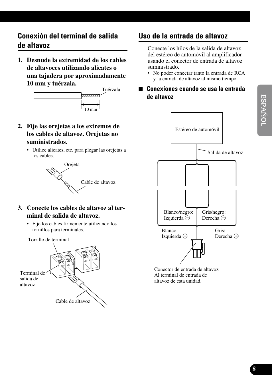 Conexión del terminal de salida de altavoz, Uso de la entrada de altavoz | Pioneer GM-5100T User Manual | Page 21 / 73