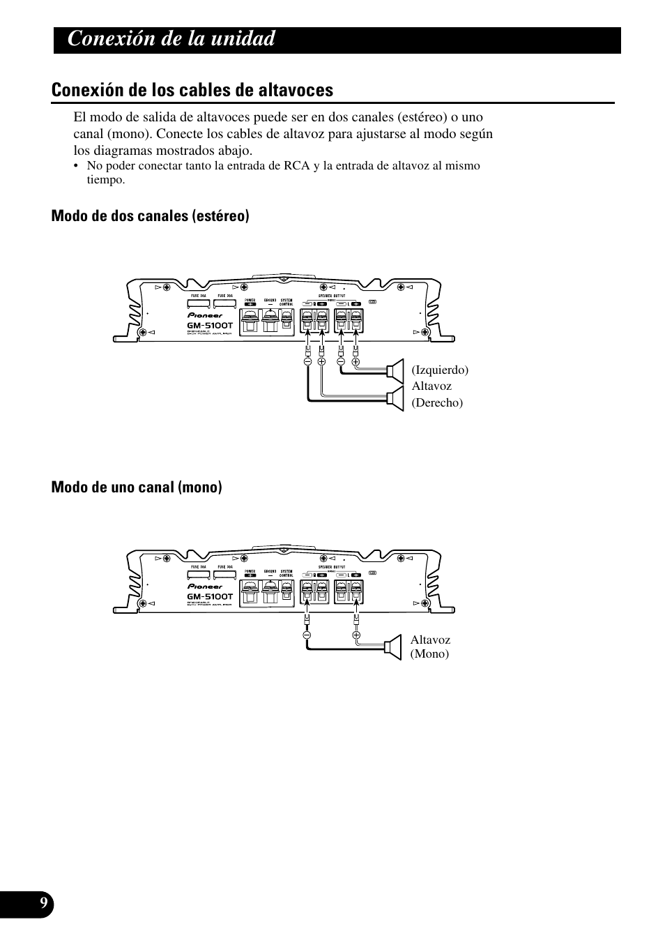 Conexión de los cables de altavoces, Conexión de la unidad | Pioneer GM-5100T User Manual | Page 22 / 73
