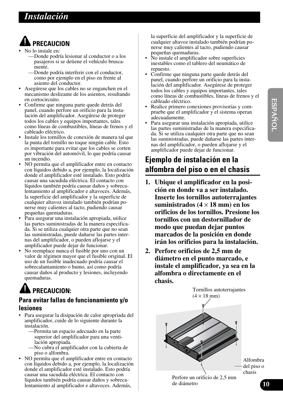 Instalación, Ejemplo de instalación en la alfombra, Del piso o en el chasis | Pioneer GM-5100T User Manual | Page 23 / 73