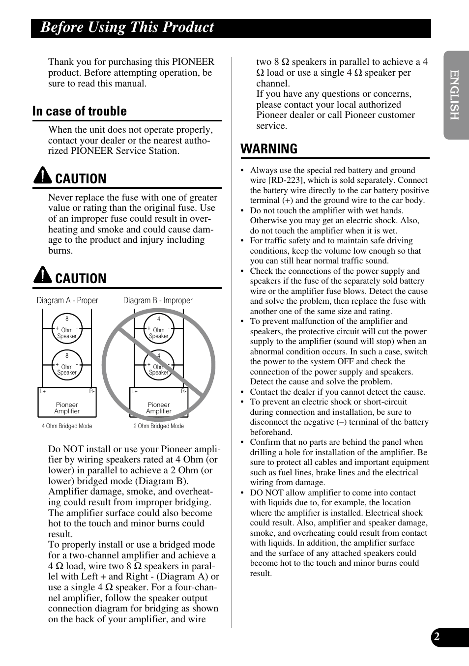 Before using this product, In case of trouble caution caution warning, Caution | Warning | Pioneer GM-5100T User Manual | Page 3 / 73