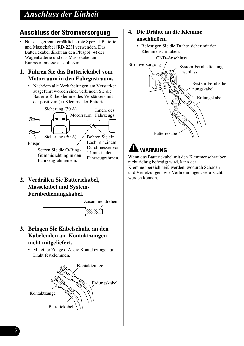 Anschluss der stromversorgung, Anschluss der einheit | Pioneer GM-5100T User Manual | Page 32 / 73