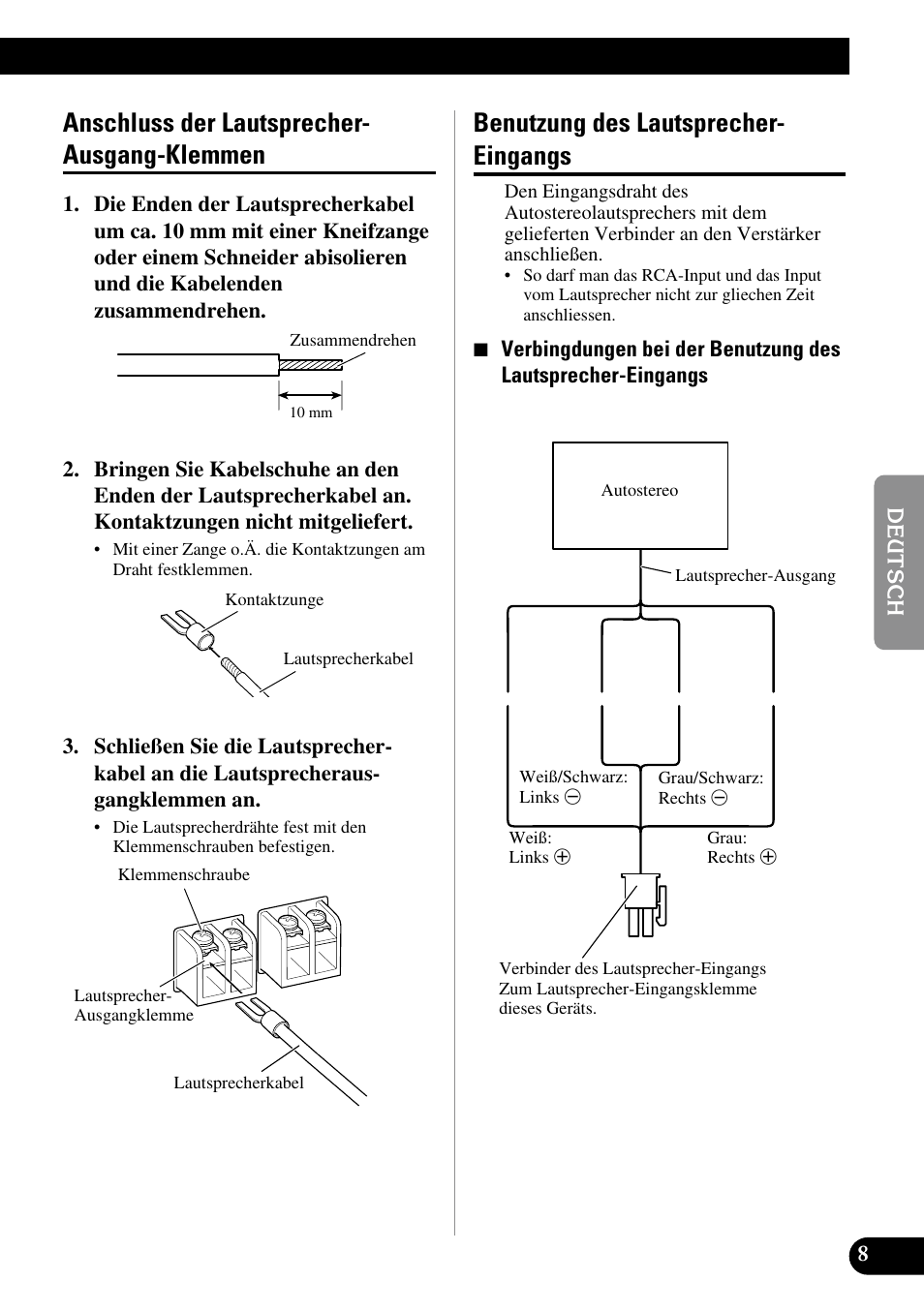 Anschluss der lautsprecher-ausgang, Klemmen, Benutzung des lautsprecher-eingangs | Anschluss der lautsprecher- ausgang-klemmen, Benutzung des lautsprecher- eingangs | Pioneer GM-5100T User Manual | Page 33 / 73