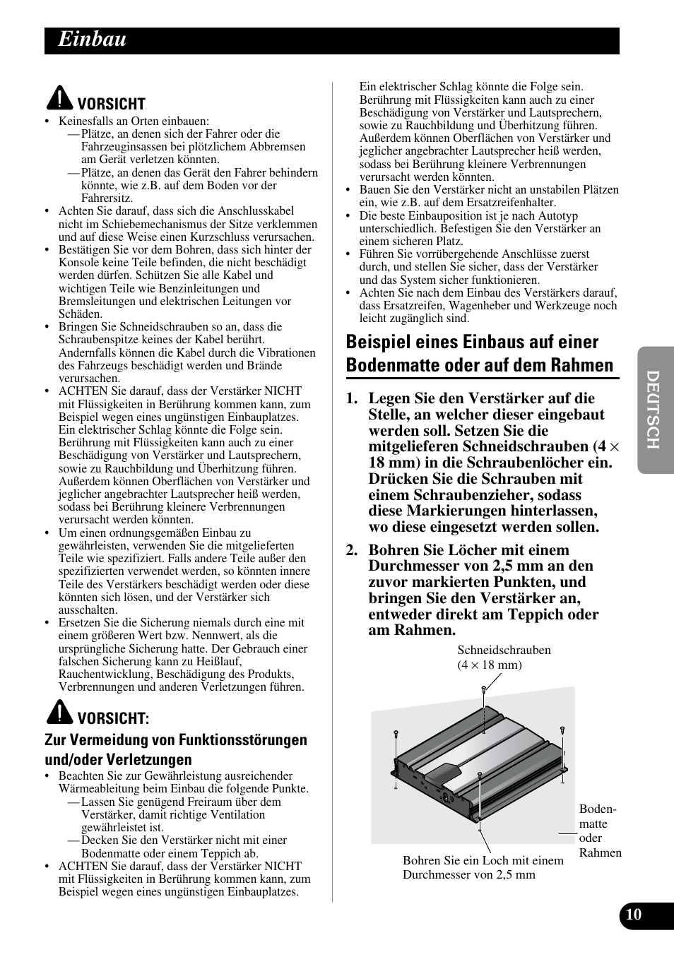 Einbau, Beispiel eines einbaus auf einer, Bodenmatte oder auf dem rahmen | Pioneer GM-5100T User Manual | Page 35 / 73