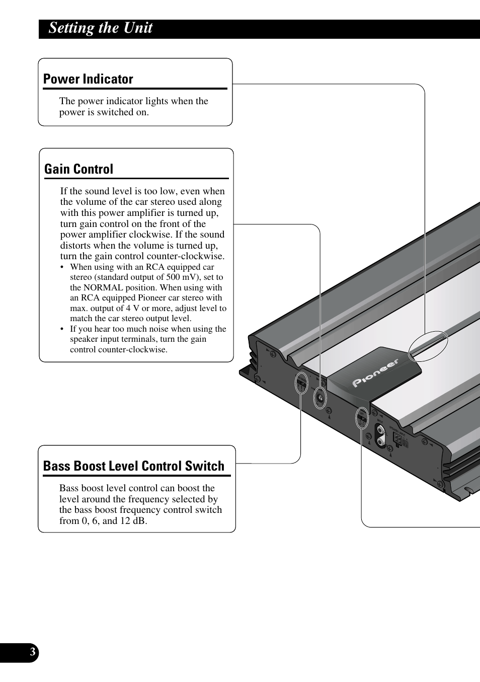 Setting the unit, Gain control, Power indicator | Bass boost level control switch | Pioneer GM-5100T User Manual | Page 4 / 73