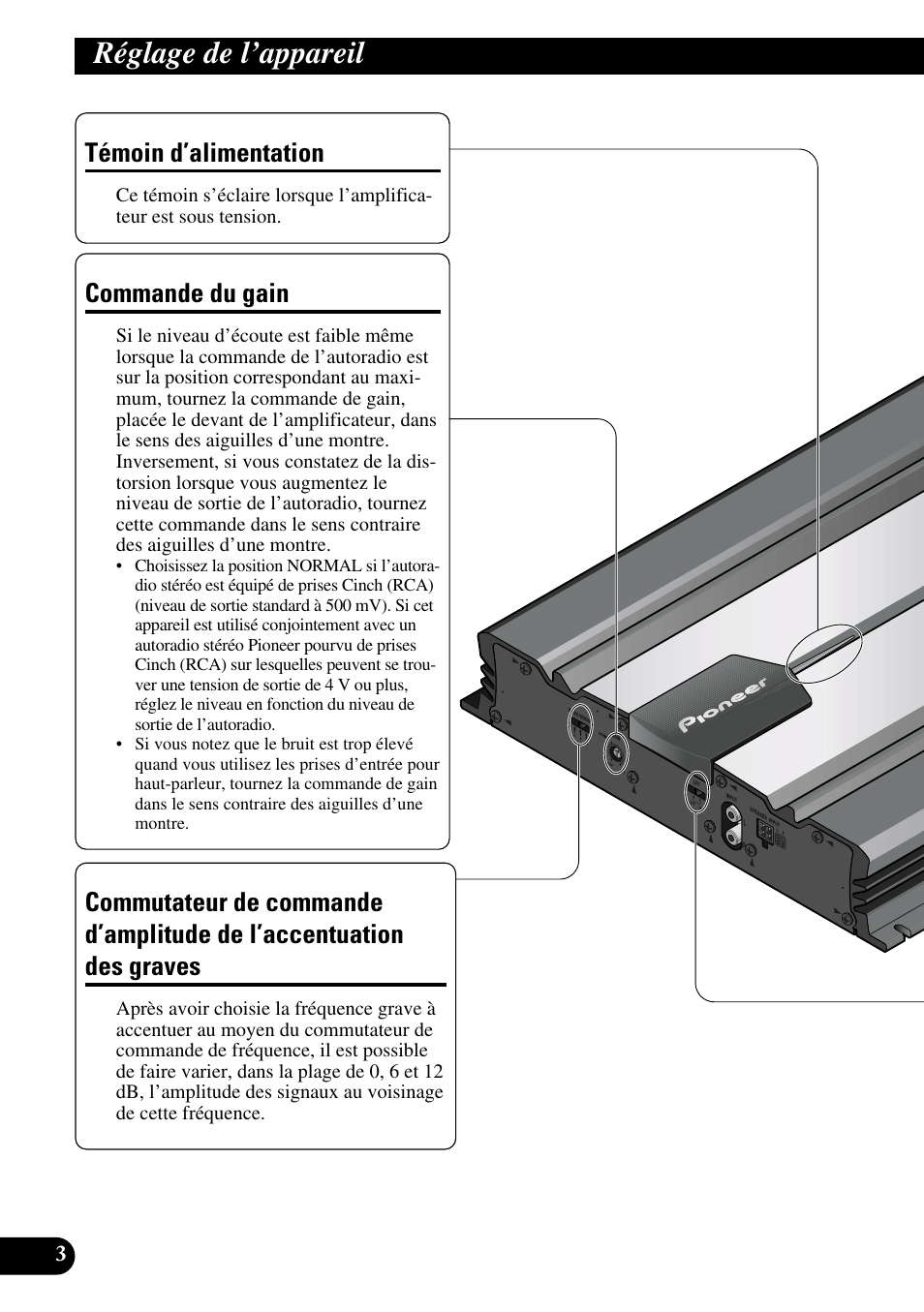 Réglage de l’appareil, L’accentuation des graves, Commande du gain | Témoin d’alimentation | Pioneer GM-5100T User Manual | Page 40 / 73