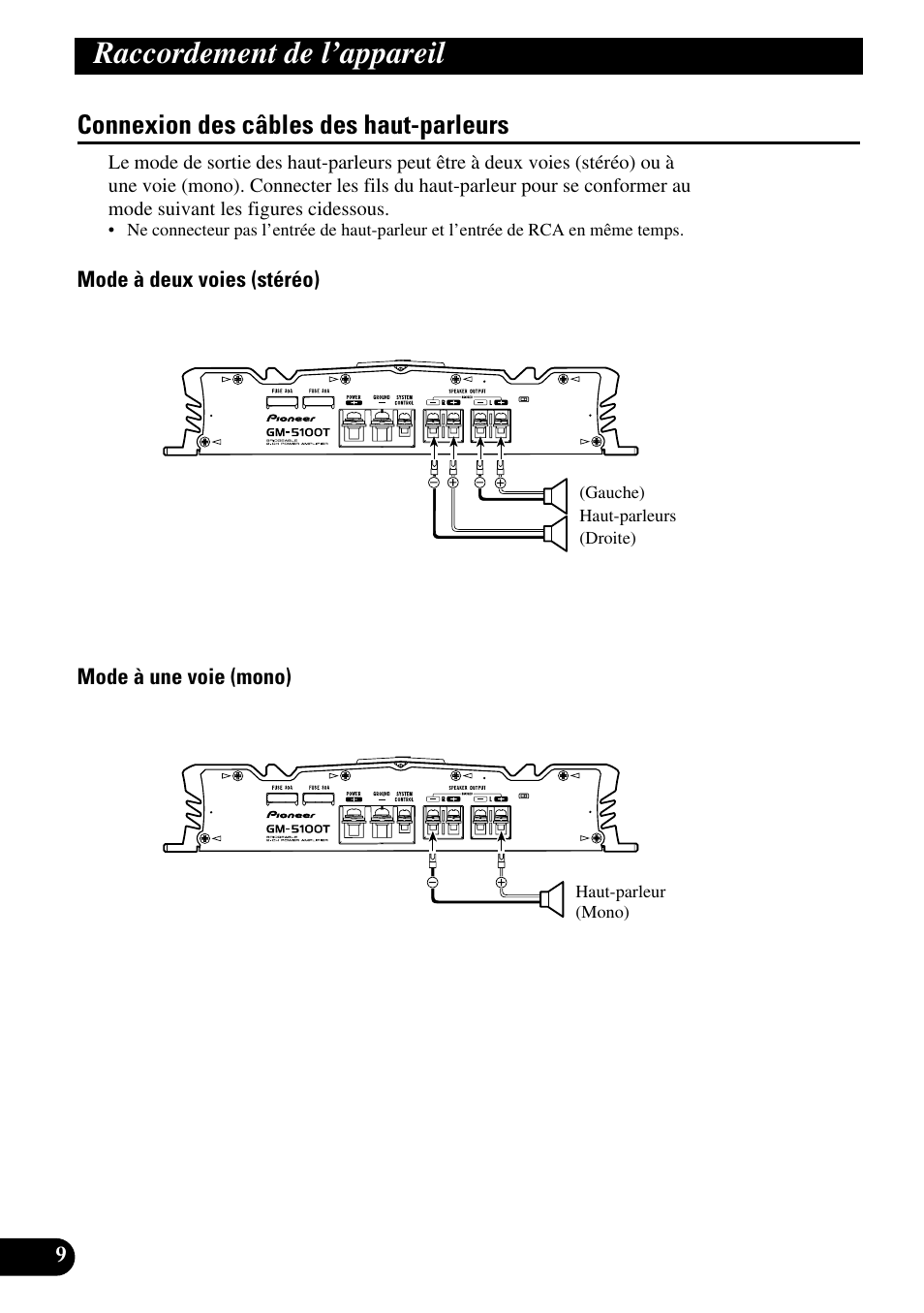 Connexion des câbles des haut-parleurs, Raccordement de l’appareil | Pioneer GM-5100T User Manual | Page 46 / 73