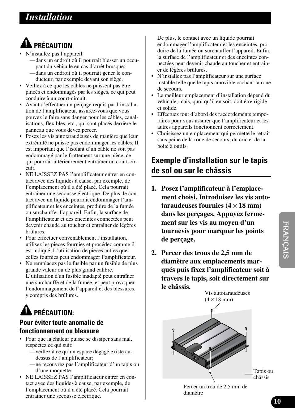 Installation, Exemple d’installation sur le tapis de sol, Ou sur le châssis | Pioneer GM-5100T User Manual | Page 47 / 73