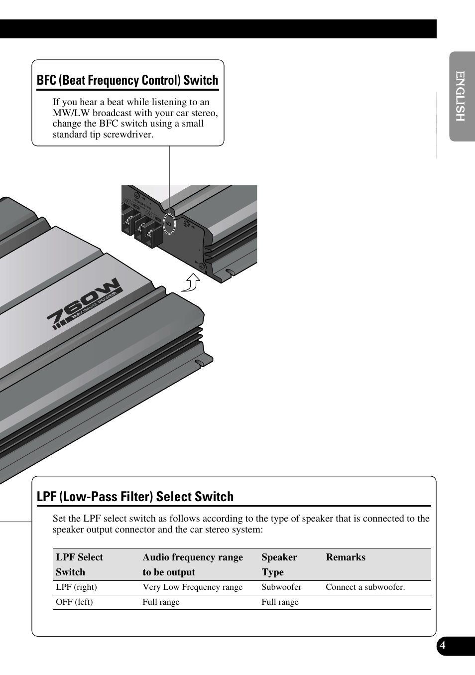 Lpf (low-pass filter) select switch, Bfc (beat frequency control) switch | Pioneer GM-5100T User Manual | Page 5 / 73