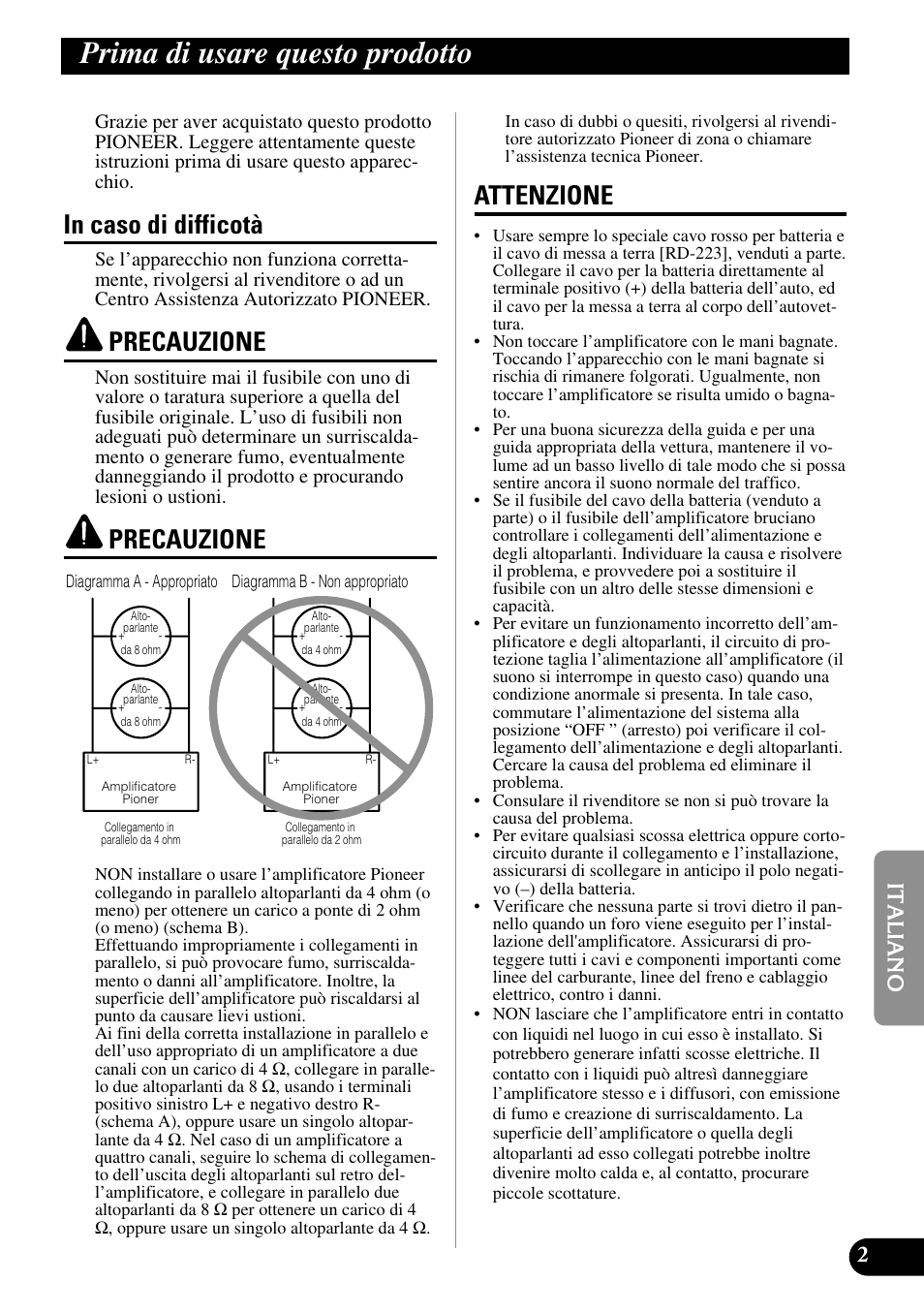Prima di usare questo prodotto, Precauzione, Attenzione | Pioneer GM-5100T User Manual | Page 51 / 73