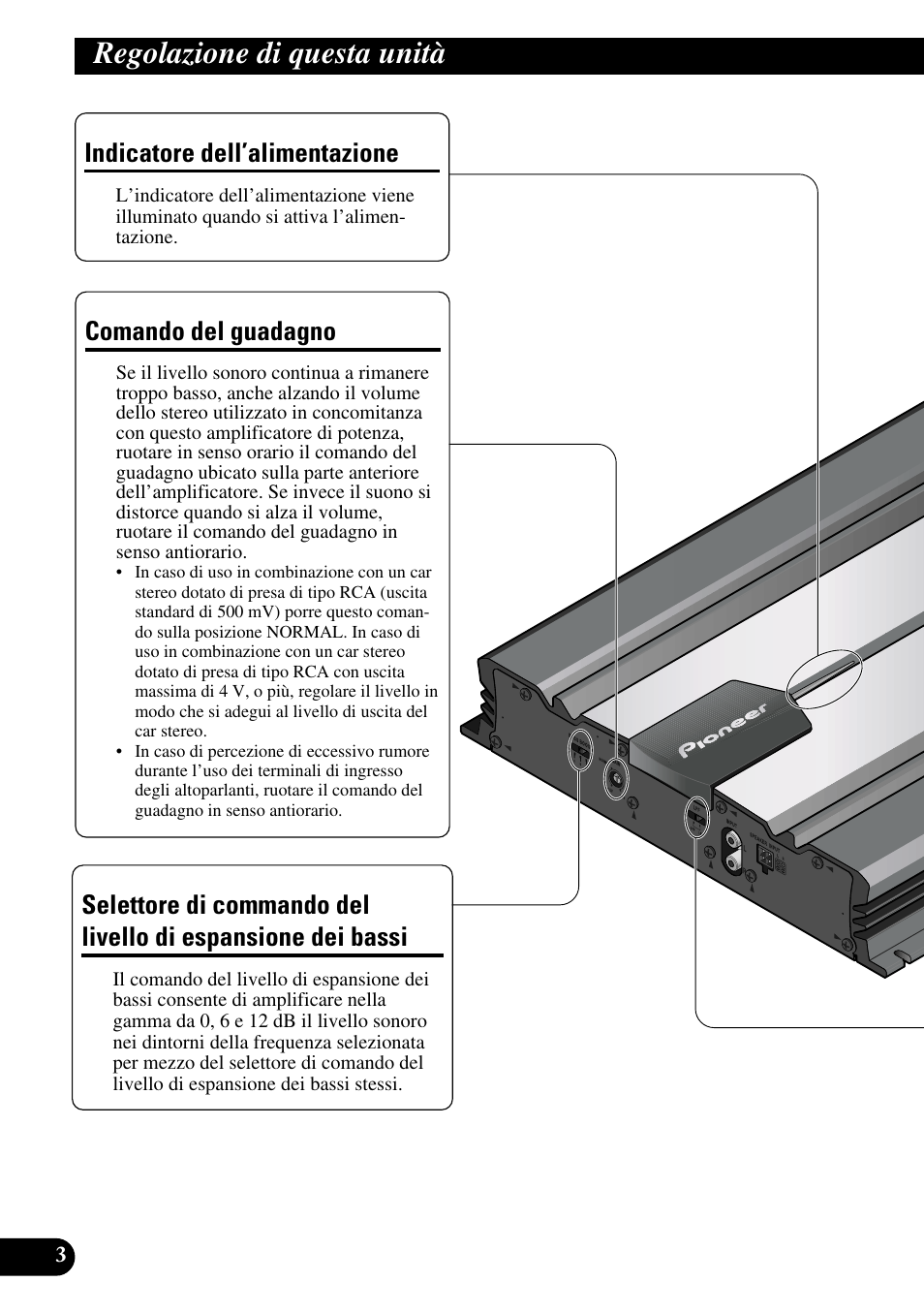 Regolazione di questa unità, Espansione dei bassi, Comando del guadagno | Indicatore dell’alimentazione | Pioneer GM-5100T User Manual | Page 52 / 73