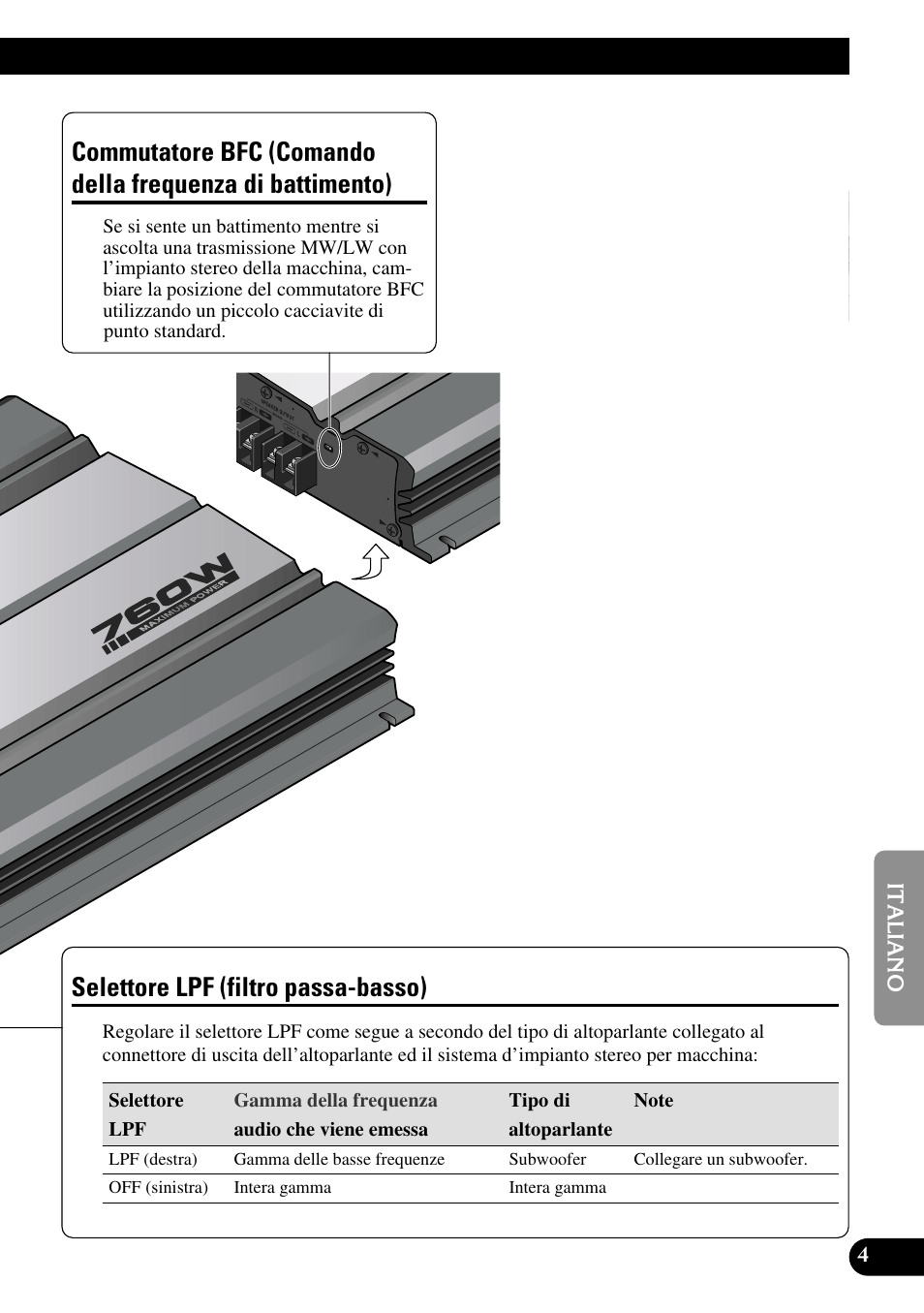 Commutatore bfc (comando della, Frequenza di battimento), Selettore lpf (filtro passa-basso) | Pioneer GM-5100T User Manual | Page 53 / 73