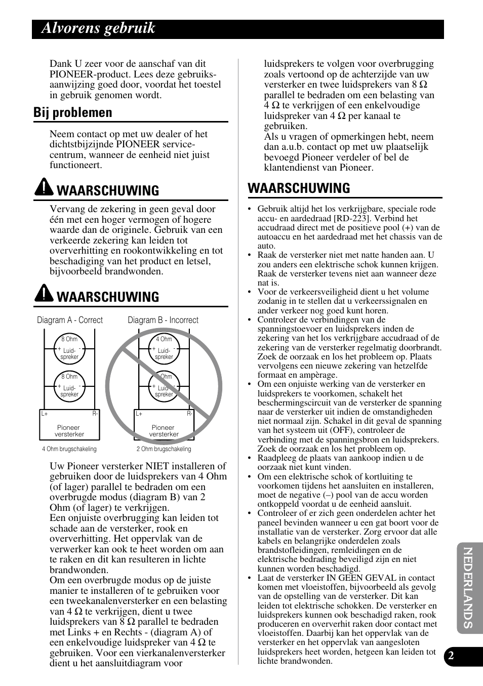 Alvorens gebruik, Bij problemen, Waarschuwing | Pioneer GM-5100T User Manual | Page 63 / 73