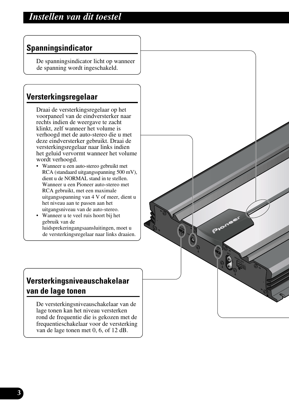 Instellen van dit toestel, Tonen, Versterkingsregelaar | Spanningsindicator, Versterkingsniveauschakelaar van de lage tonen | Pioneer GM-5100T User Manual | Page 64 / 73