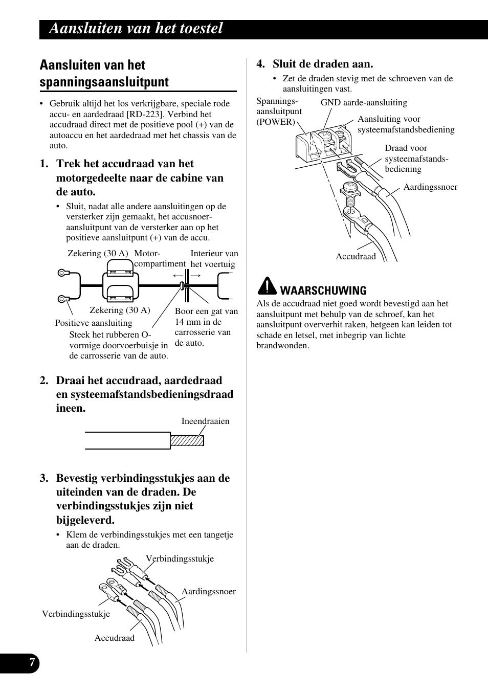 Aansluiten van het spanningsaansluitpunt, Aansluiten van het toestel | Pioneer GM-5100T User Manual | Page 68 / 73