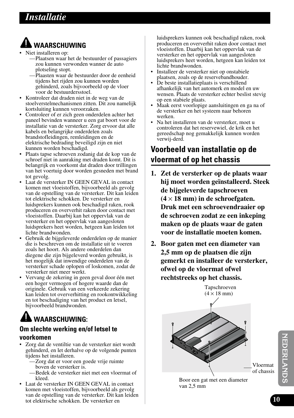 Installatie, Voorbeeld van installatie op de vloermat of, Op het chassis | Pioneer GM-5100T User Manual | Page 71 / 73