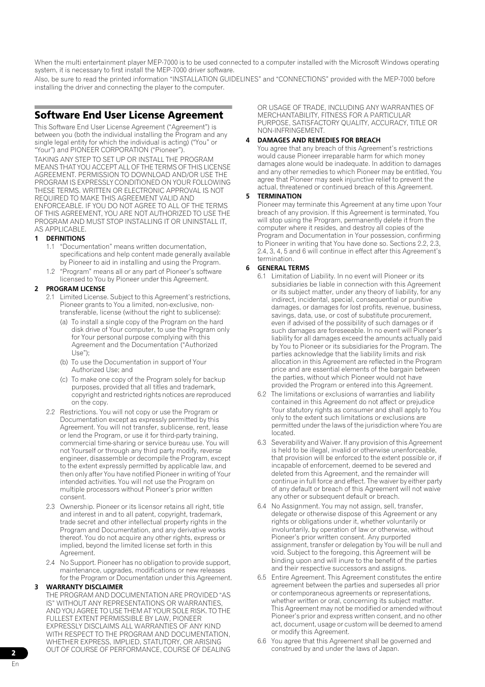Software end user license agreement | Pioneer MEP-7000 User Manual | Page 2 / 5