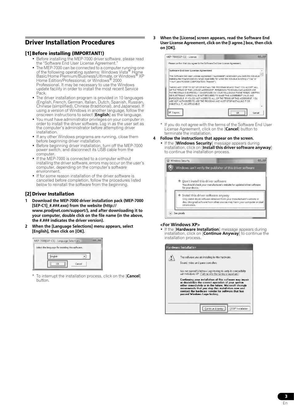 Driver installation procedures, 1] before installing (important!), 2] driver installation | Pioneer MEP-7000 User Manual | Page 3 / 5