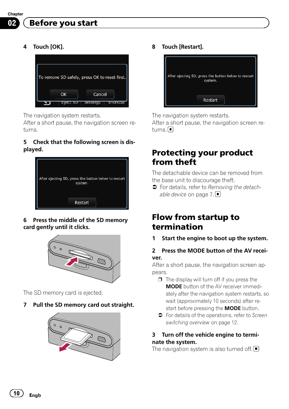 Protecting your product from theft, Flow from startup to termination, 02 before you start | Pioneer AVIC-F220 User Manual | Page 10 / 80