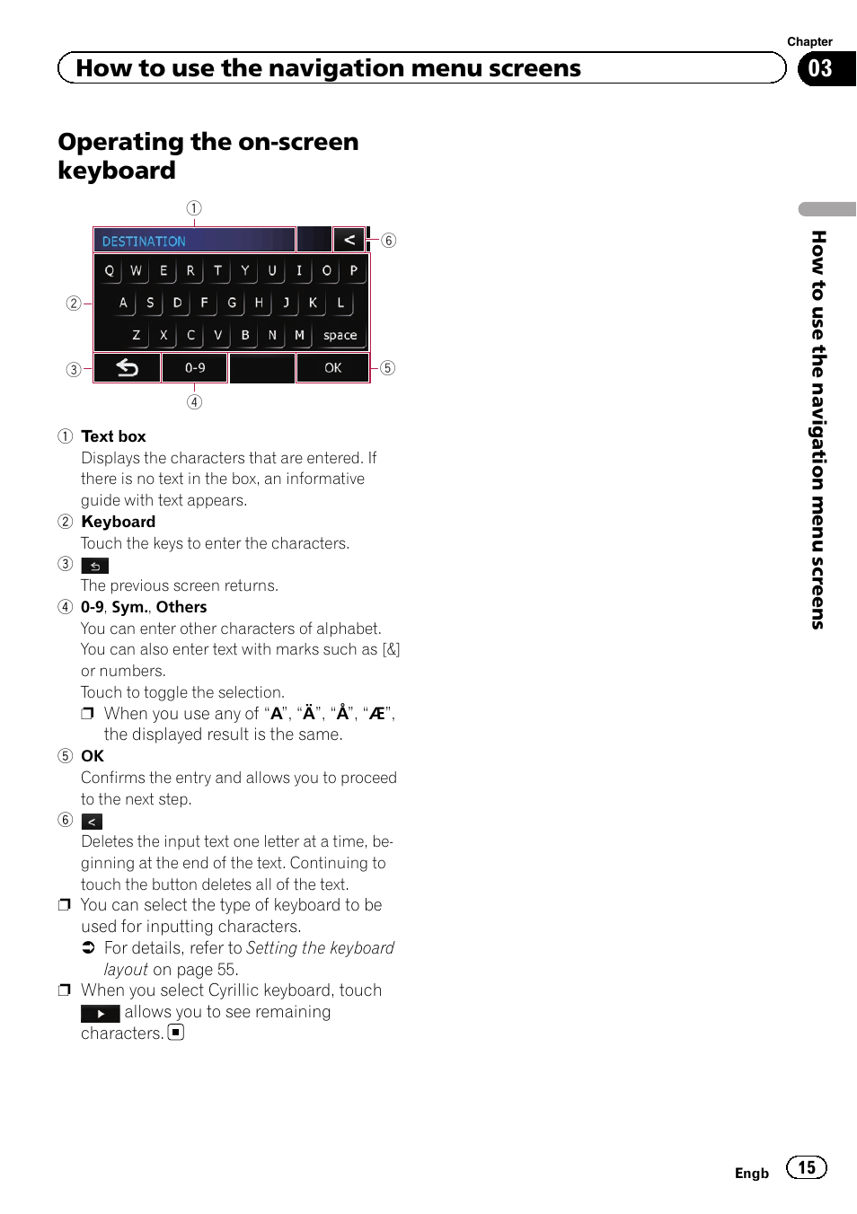 Operating the on-screen keyboard, How to use the navigation menu screens | Pioneer AVIC-F220 User Manual | Page 15 / 80