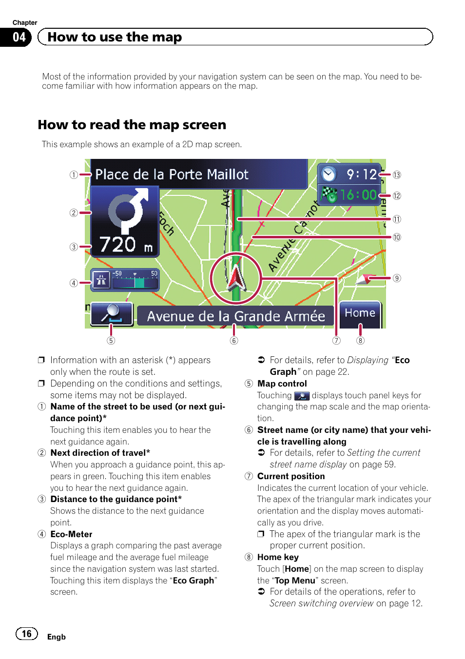 How to use the map how to read the map screen, How to read the map screen, 04 how to use the map | Pioneer AVIC-F220 User Manual | Page 16 / 80