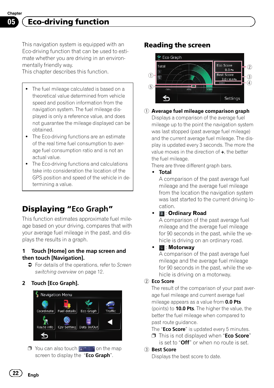 Eco-driving function displaying, Eco graph” 22, Reading the screen 22 | Displaying “eco, Graph, Displaying “eco graph, 05 eco-driving function, Reading the screen | Pioneer AVIC-F220 User Manual | Page 22 / 80