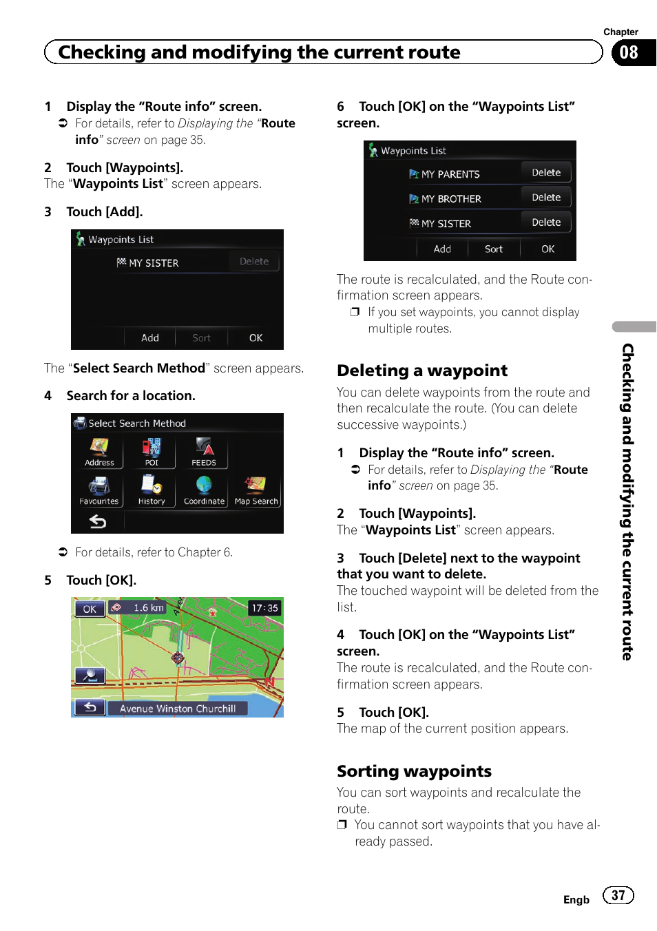 Deleting a waypoint 37, Sorting waypoints 37, Checking and modifying the current route | Deleting a waypoint, Sorting waypoints | Pioneer AVIC-F220 User Manual | Page 37 / 80