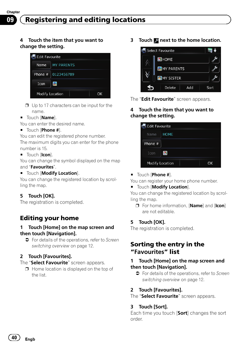Editing your home 40, Sorting the entry in the “favourites, List | 09 registering and editing locations, Editing your home, Sorting the entry in the “favourites” list | Pioneer AVIC-F220 User Manual | Page 40 / 80