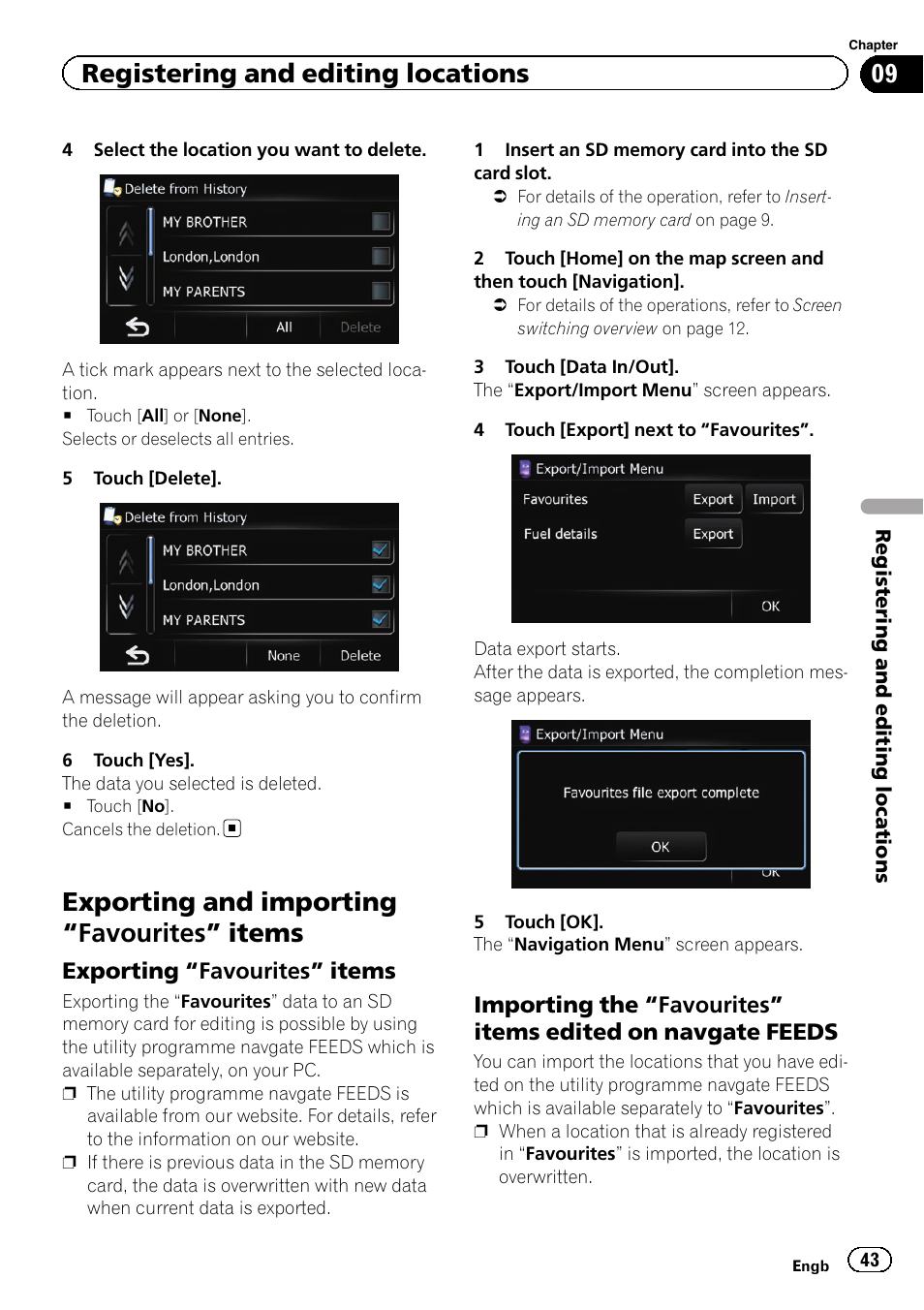 Exporting and importing, Favourites, Items | Exporting “favourites” items 43, Importing the “favourites” items edited, On navgate feeds, Exporting and importing “favourites” items, Registering and editing locations | Pioneer AVIC-F220 User Manual | Page 43 / 80