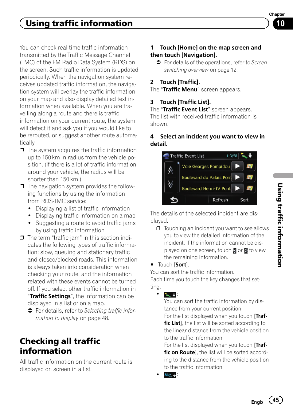 Checking all traffic information, Using traffic information | Pioneer AVIC-F220 User Manual | Page 45 / 80