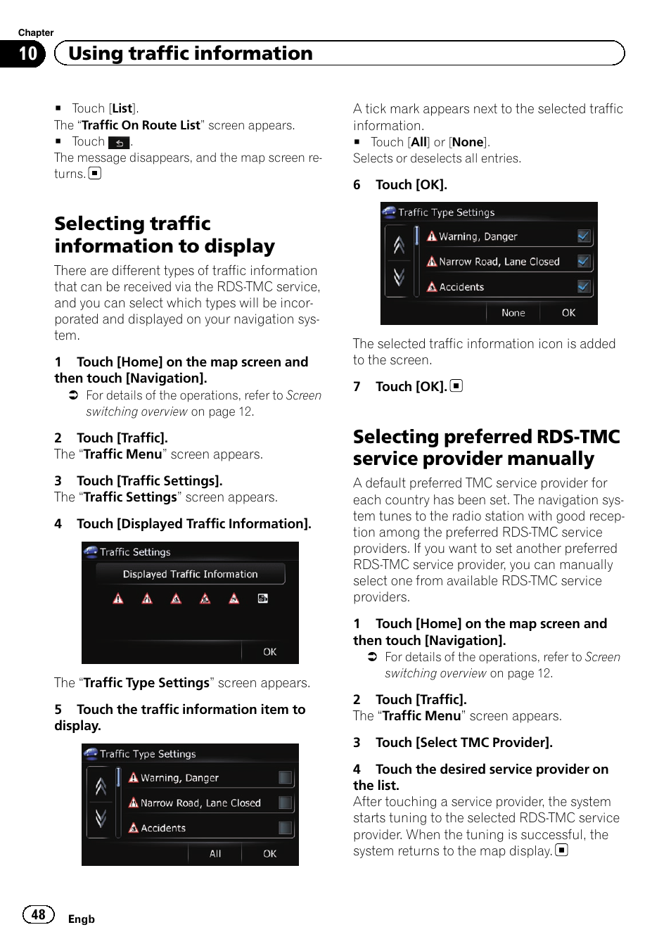Selecting traffic information to display, Selecting preferred rds-tmc service, Provider manually | Selecting traffic infor, 10 using traffic information | Pioneer AVIC-F220 User Manual | Page 48 / 80