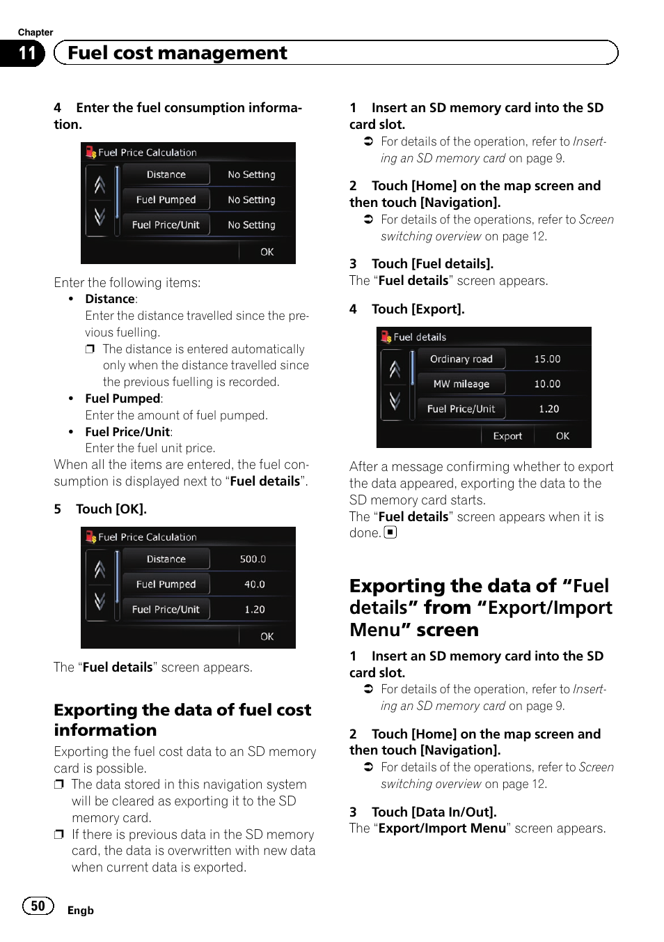 Exporting the data of fuel cost, Information, Exporting the data of | Fuel details” from, Export/import menu” screen 50, 11 fuel cost management | Pioneer AVIC-F220 User Manual | Page 50 / 80